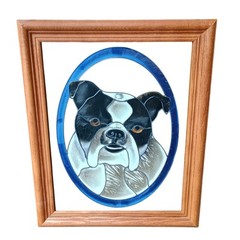 Vintage Wood Framed Stained Glass Bulldog Sun Catcher 17″ Wall Hanging Art