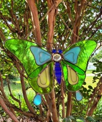 Stained Glass Suncatcher Butterfly Brilliant Blues & Greens Hand Crafted 13″x14″