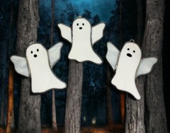 3 Stained Glass White Ghost Sun Catchers Halloween Window Decor Slag 5.75” *READ