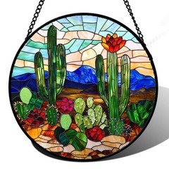 “Green Cactus Stained Glass Suncatcher for Home Decor and Gifts 6.3 in”