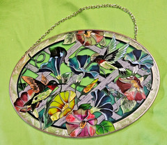 AMIA Stained Glass Sun Catcher Bird Floral Flowers Hummingbirds Hand Painted USA