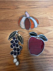 Suncatcher Stained Glass Window Hanging Fruit Red Apple Grapes Pumpkin Set of 3
