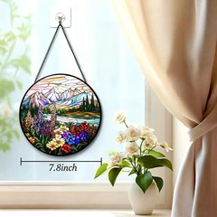 Stained Glass Window Hanging Suncatcher – Wildflower Mountain Sunrise Glass P…