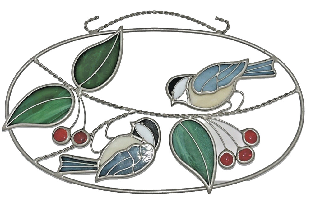 Juhlin Glass Studio Stained Glass Chickadee & Cherries Oval Ring Window Hanging