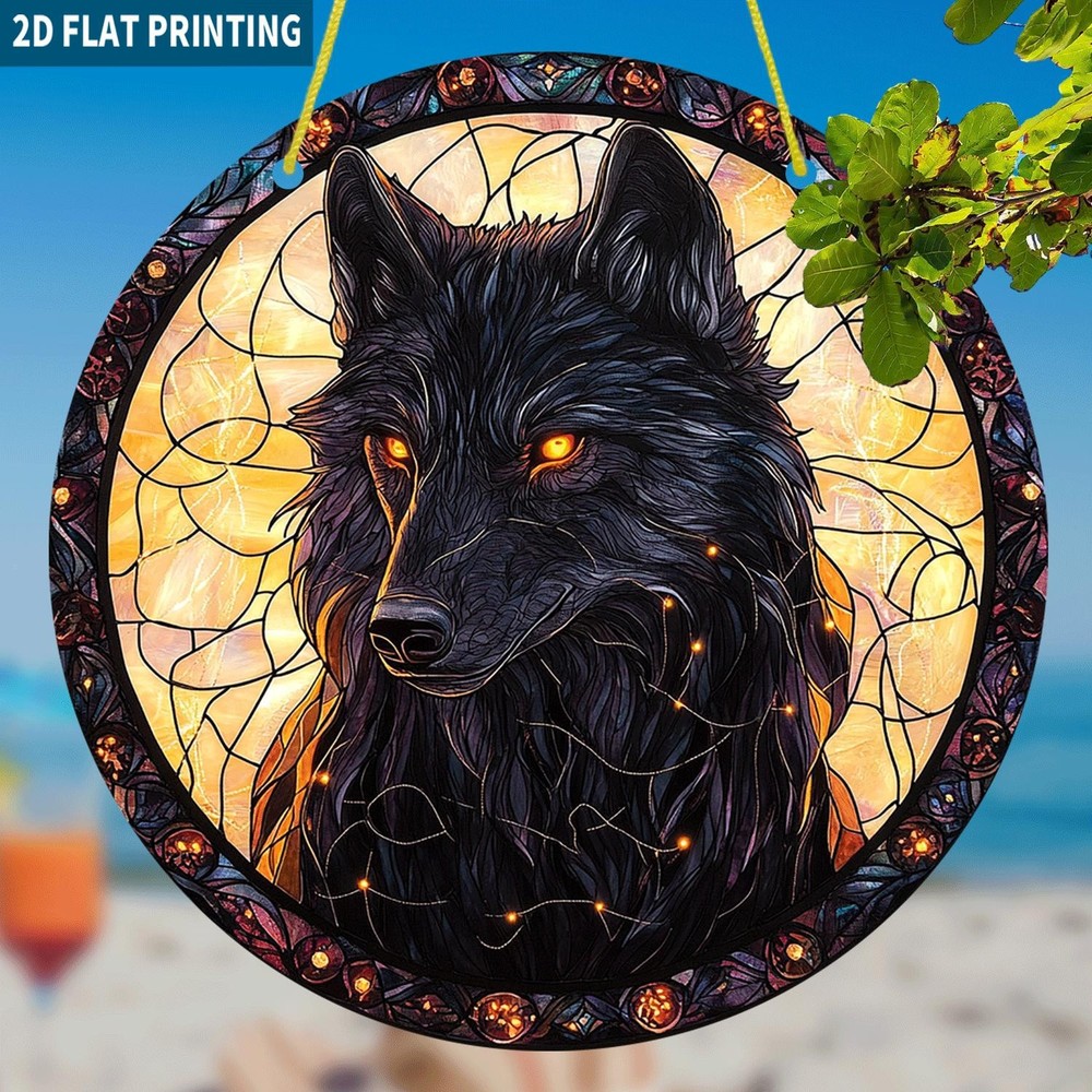 Black Wolf Glowing Eyes Round Acrylic Suncatcher Wildlife Window Hanging Decor