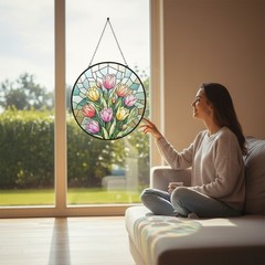 Tulip Flowers Stained Glass Suncatcher, Colorful Tulip Bouquet Window Hanging