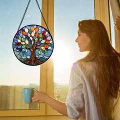 DASTOLL Stained Glass Window Hanging, Colorful Tree of 6.3×6.3 IN,