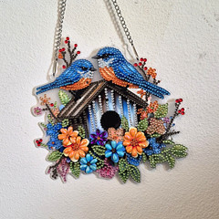 Multicolor Metal Hanging Mobile Birdhouse with Two Blue Birds, Flowers & Chain