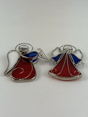 Stained Glass Angel Ornament Sun Catcher Vintage Christmas Red White Blue Harp