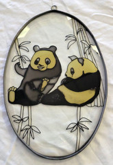 Panda Bear and Bamboo Vintage Oval Sun Catcher Stained Glass 9 1/4” x 6″