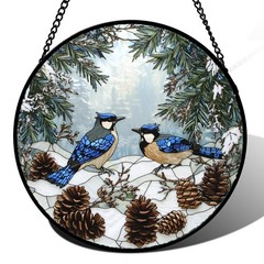 Blue Bird Stained Glass Suncatcher – Winter Forest Decor for Home & Garden