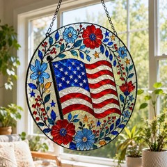 American Floral Flag Stained Glass Suncatcher Patriotic Decor