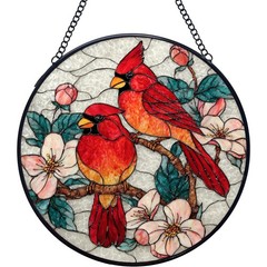 Cardinal Bird Flower Stained Glass Window Hanging Suncatchers, Christmas Red …