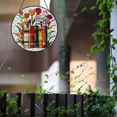 Flower Book Stained Glass Window Hanging 9.8” Sun Catcher for Home Decor