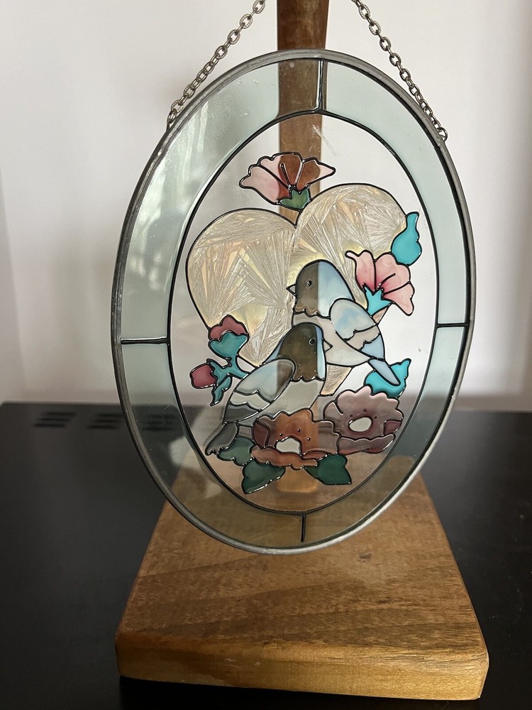 Oval Stained Glass Birds/flower/heart Sun Catcher 7” X 5.25”