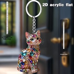 Flat Crystal Cat Keychain, Bling Kitty Backpack Charm, Rhinestone Bag Charms