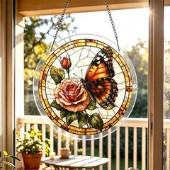 Soft Neutral Background Butterfly Rose Acrylic Puzzle Suncatcher Home Decor