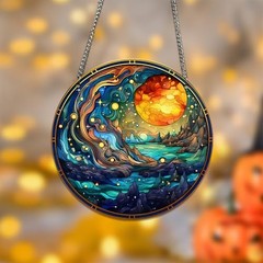 The Moon and Stars Acrylic Window Hanging, Mountains Lake Stained Acrylic
