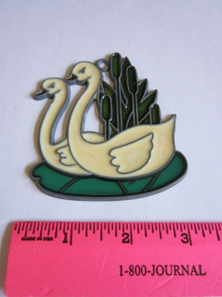 Two Swans In Love Vintage Stained Glass Sun Catcher Window Hanging Cattails 3″