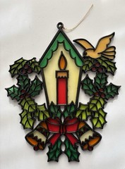 2 Vtg Plastic Stained Glass Christmas Suncatcher Lantern & Dove ~Mouse & Candle
