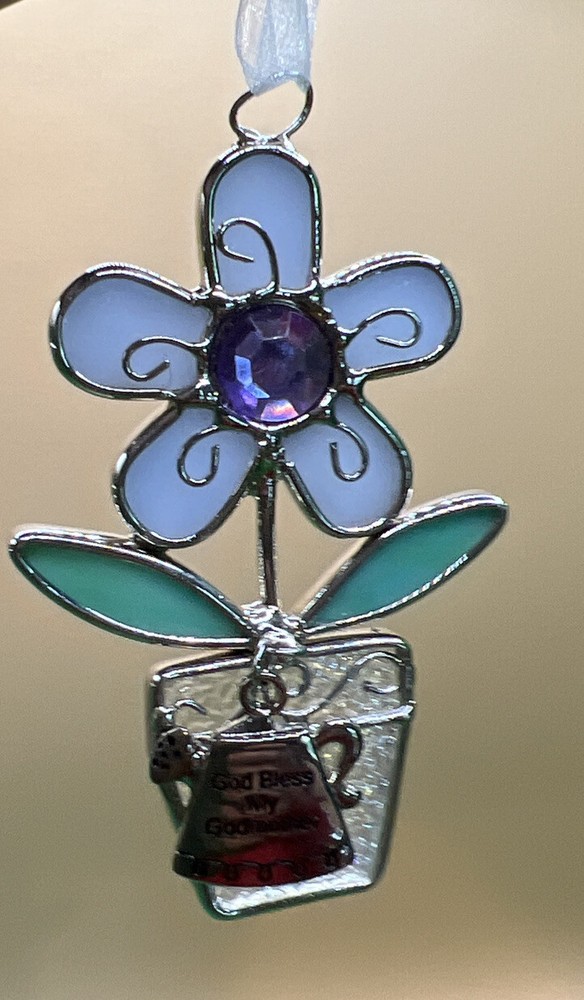 Glass Purple Flower Suncatcher Metal Ornament “ God Bless My Godmother”