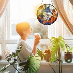 Wolf Stained Glass Suncatcher for Indoor Window or Doorway Decoration 7.8 in