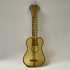 Vintage Amber Glass Guitar Suncatcher 8.5″ Leaded Stained Glass Metal Soldered