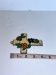 Vintage 70s Cross Flowers Stained Glass Enamel Sun Catcher Leaded Frame Purple