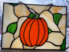 Vintage Handmade Stained Glass Pumpkin Fall Halloween Sun Catcher ~10”x7″ 2-side