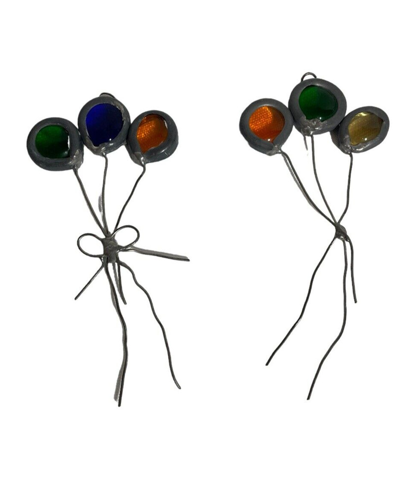 2 Vintage Leaded Stained Glass Hanging Balloons Suncatchers Multicolor