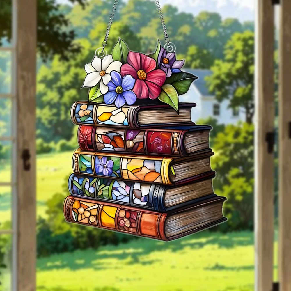 Book Lover Acrylic SuncatcheBookr Stacked Books with Flowers Window Hanging Gift