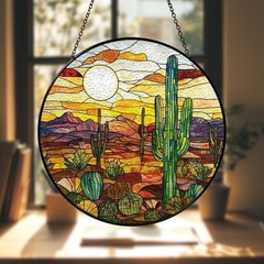 Desert Sunset Suncatcher, Stained Glass Cactus Scene, Southwest Window Decor Art