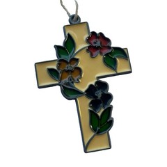 Vintage Sun Catcher Stained Glass Ornament Green Yellow Red Rose Adorned Cross