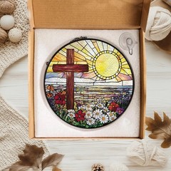 Christian Cross Stained Glass Suncatcher, Floral Sunrise Window Hanging