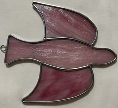 Stained Glass Pink Iridescent Bird Window Sun Catcher Ornament Handmade 6”x 5.5”