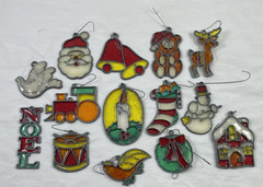 Christmas Suncatcher Faux Stained Glass Ornaments Lot of 14 Train Santa Snowman