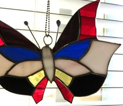 Stained Glass Butterfly Suncatcher Red Blue Yellow & Black Panels Vintage