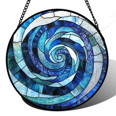 Stained Glass Window Hanging – Blue Abstract Swirl Suncatcher for Doors Garde…
