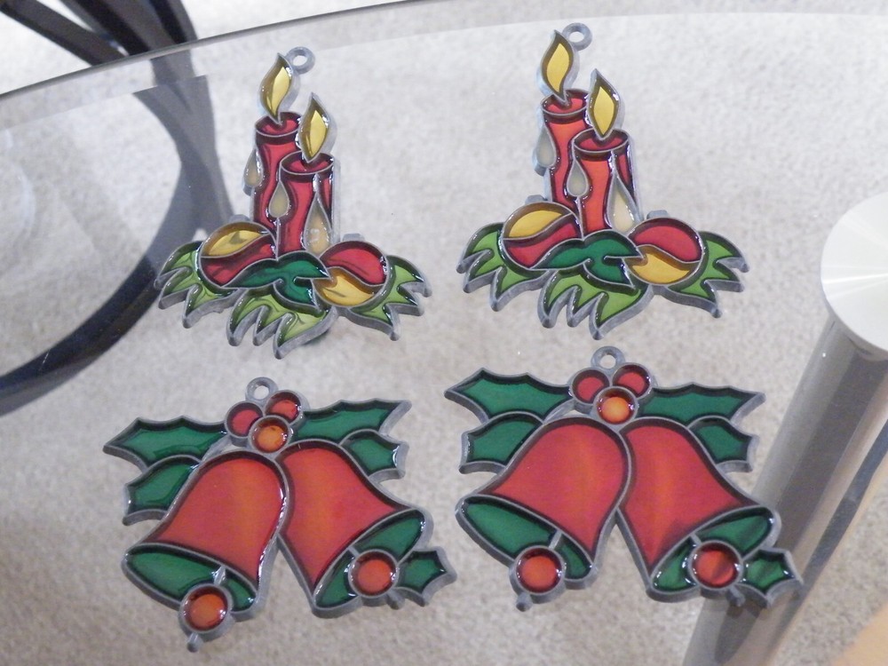LOT of 4 Vintage CHRISTMAS SUNCATCHERS Stained Glass ORNAMENTS Bells & Candles
