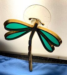 Dragonfly Sun-catcher Green Stained Glass Wings, Gold Tone Body On Suction Cup