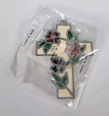 Vintage Floral Cross Stained Glass Suncatcher Flowers Religious New