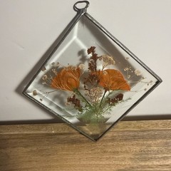 Vintage Boho Pressed Flowers & Glass Wall Hanger Sun Catcher 6” Signed