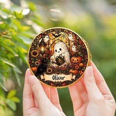 Personalized Cute Ghost Halloween Stained Glass Suncatcher, Family Keepsake