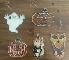 Lot Of 5 Vintage Halloween Stained Glass Sun Catcher Witch Pumpkin Ghost Owl JOL