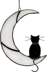Black Cat Decor on White Moon Stained Glass Window Hanging Suncatcher for Window