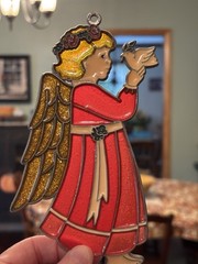 Vtg 1994 Angel Window Hanging Suncatcher With Dove Gold Glitter Wings 6 X3 1/4