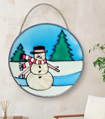 Vintage Stained Glass Window Light Sun Catcher Snowman Holiday 5″