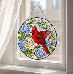 Cardinal Suncatcher Red Cardinal and Blue Hydrangea Glass Window Hanging