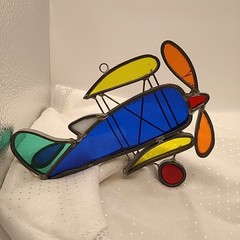 Vintage Stained Glass Suncatcher 6×4″ Biplane Airplane Window Art Aviation Read*