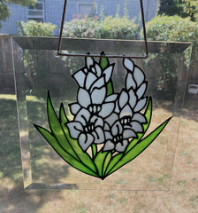 Floral Painted Beveled Glass Sun Catcher Square White Hyacinth Green Leaves 8×8